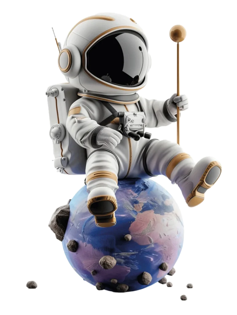 Astronauta flotando sobre un planeta representando creatividad y marketing digital.